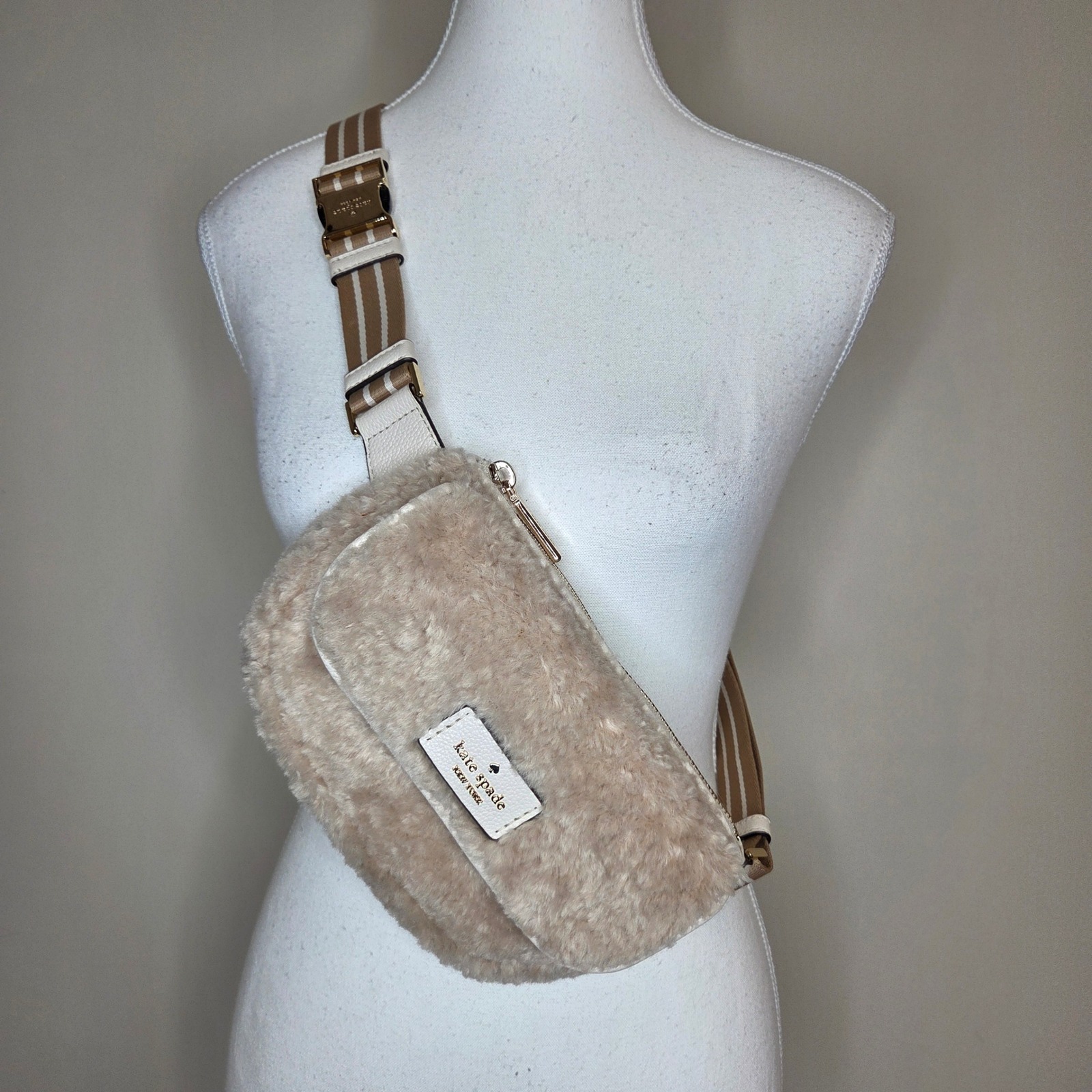 Kate Spade New York Faux Shearling Belt Bag White Leather Tan Stripe K4447